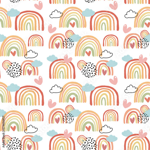 Fototapeta Naklejka Na Ścianę i Meble -  Cute colorful rainbow in autumn color palate pattern seamless background, Nursery Illustration, idea for gift wrapping paper, wall art and printable card.