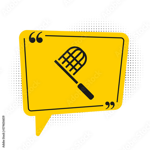 Black Butterfly net icon isolated on white background. Yellow speech bubble symbol. Vector.