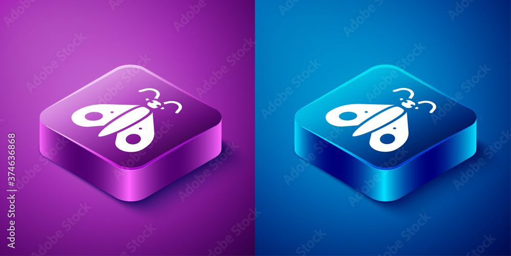 Isometric Butterfly icon isolated on blue and purple background. Square button. Vector. Isometric Butterfly icon isolated on blue and purple background. Square button. Vector.