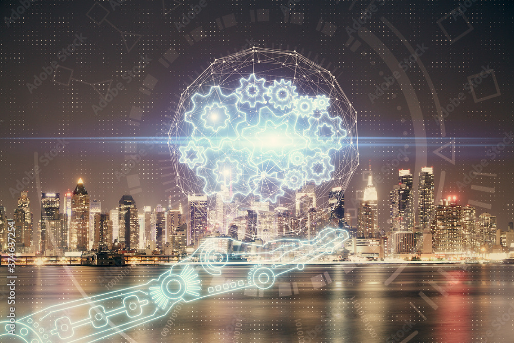 Data theme hologram drawing on city view with skyscrapers background multi exposure. Ai concept. Data theme hologram drawing on city view with skyscrapers background multi exposure. Ai concept.