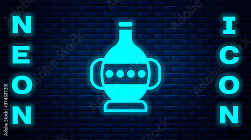 Glowing neon Ancient amphorae icon isolated on brick wall background. Vector.