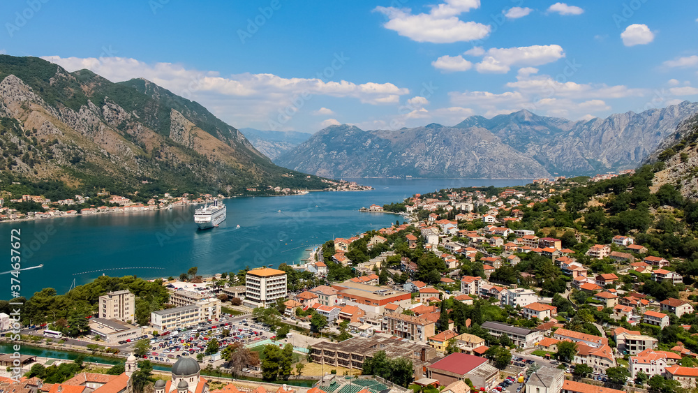 A view down the fjord at Kotor Bay, beside the old town in Kotor, Montenegro