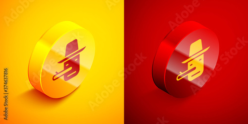 Isometric Pinocchio icon isolated on orange and red background. Circle button. Vector.