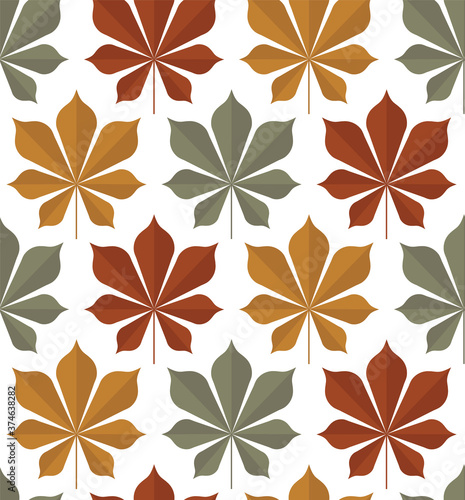 Vector seamless pattern of chestnut leaf in three colors red  yellow  green on a white background. Textile sketch  background  wrapping paper  design  packaging.