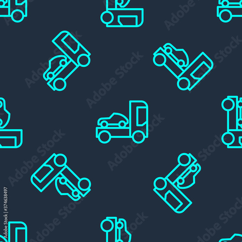 Green line Car transporter truck for transportation of car icon isolated seamless pattern on blue background. Vector Illustration.