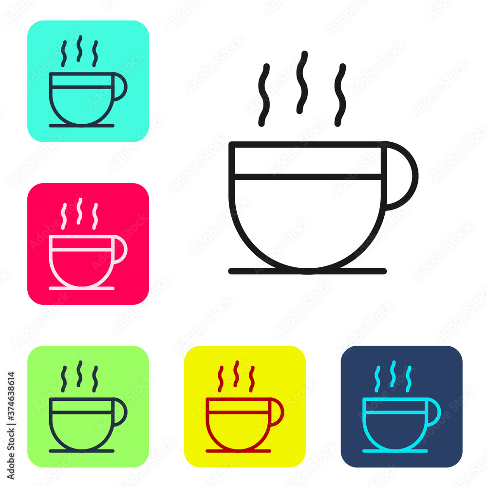 Black line Coffee cup icon isolated on white background. Tea cup. Hot drink coffee. Set icons in color square buttons. Vector Illustration. Black line Coffee cup icon isolated on white background. Tea cup. Hot drink coffee. Set icons in color square buttons. Vector Illustration.