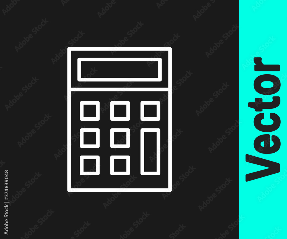 White line Calculator icon isolated on black background. Accounting symbol. Business calculations mathematics education and finance. Vector Illustration. White line Calculator icon isolated on black background. Accounting symbol. Business calculations mathematics education and finance. Vector Illustration.