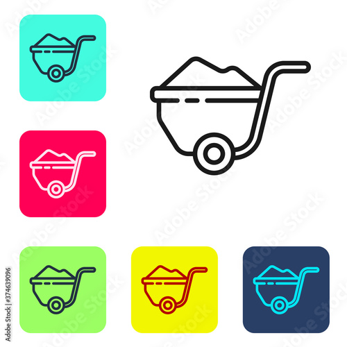 Black line Wheelbarrow with dirt icon isolated on white background. Tool equipment. Agriculture cart wheel farm. Set icons in color square buttons. Vector Illustration.