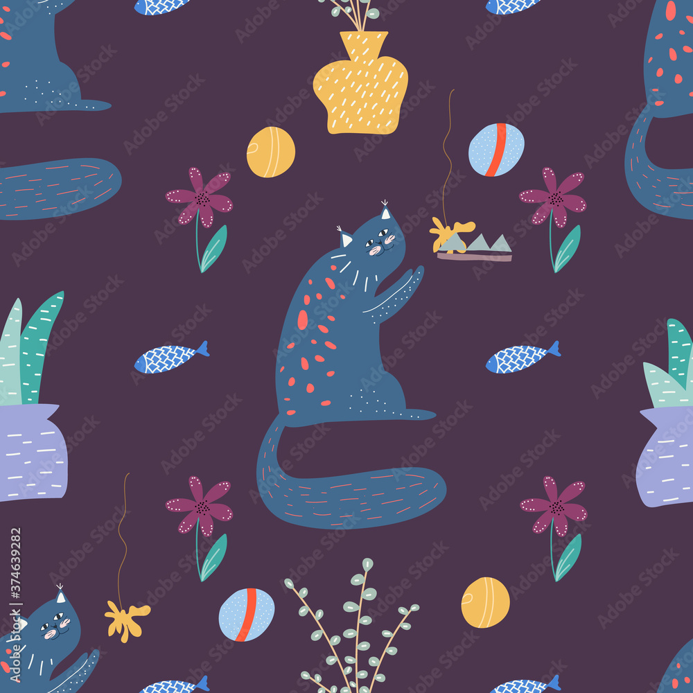 Seamless pattern with cute cat in doodle style on dark violet background. Creative childish texture. Great for fabric, textile Vector Illustration