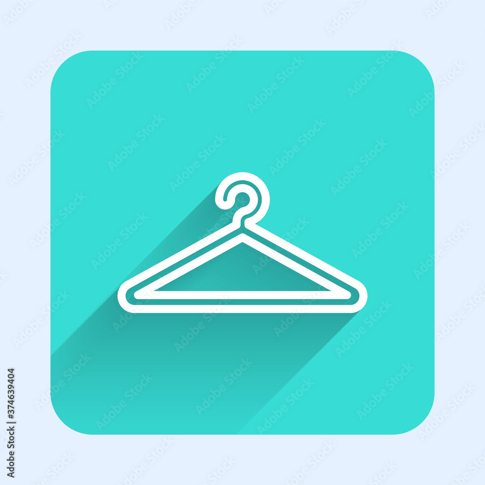 White line Hanger wardrobe icon isolated with long shadow. Cloakroom icon. Clothes service symbol. Laundry hanger sign. Green square button. Vector Illustration. White line Hanger wardrobe icon isolated with long shadow. Cloakroom icon. Clothes service symbol. Laundry hanger sign. Green square button. Vector Illustration.