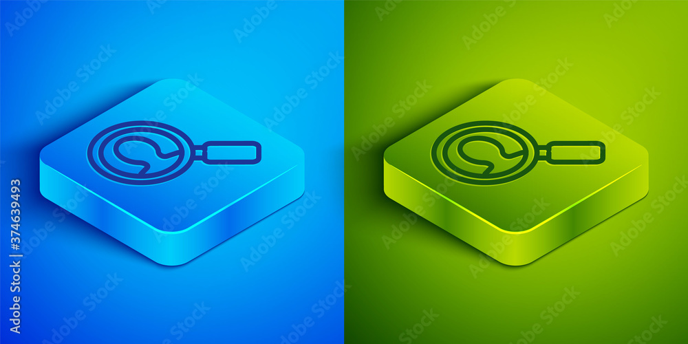 Isometric line Magnifying glass for search a people icon isolated on blue and green background. Recruitment or selection. Search for employees and job. Square button. Vector Illustration. Isometric line Magnifying glass for search a people icon isolated on blue and green background. Recruitment or selection. Search for employees and job. Square button. Vector Illustration.