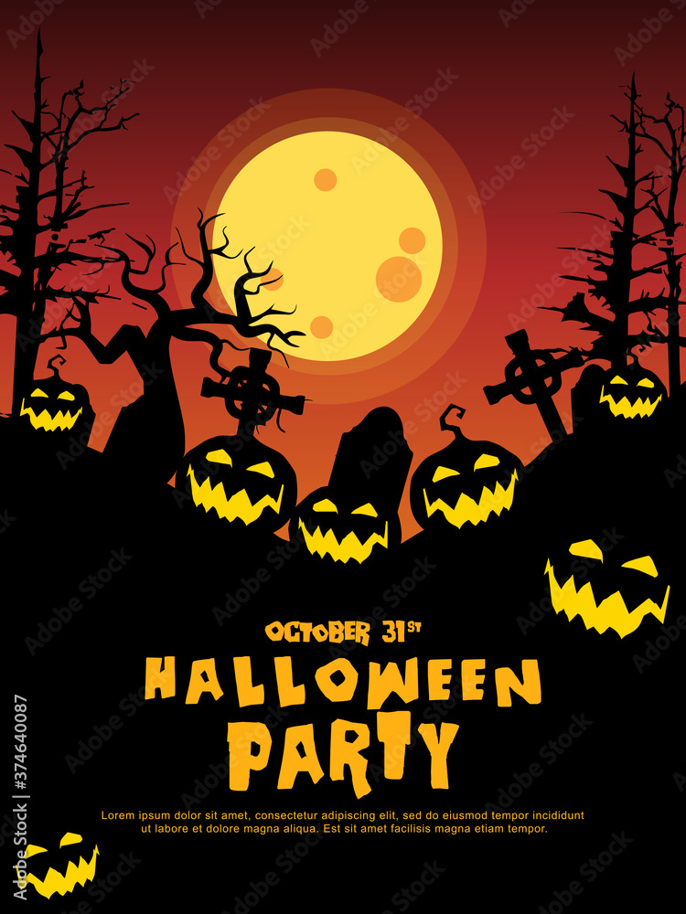Halloween  background with tombstone, pumpkin, haunted house and full moon. Flyer or invitation template for Halloween party. silhouette Vector illustration.