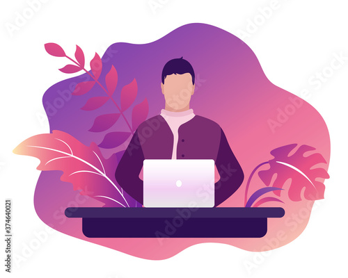 Man working at a laptop. The concept of freelance or remote work. Work from home or anywhere in the world. Vector illustration with character in trendy flat style