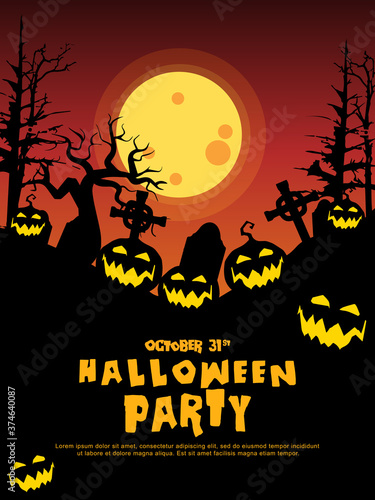 Halloween background with tombstone, pumpkin, haunted house and full moon. Flyer or invitation template for Halloween party. silhouette Vector illustration.