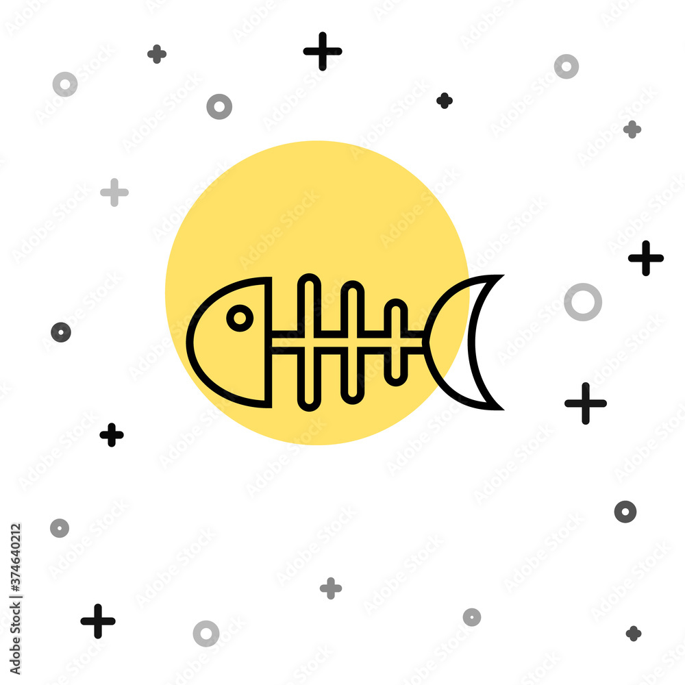 Black line Fish skeleton icon isolated on white background. Fish bone sign. Random dynamic shapes. Vector. Black line Fish skeleton icon isolated on white background. Fish bone sign. Random dynamic shapes. Vector.