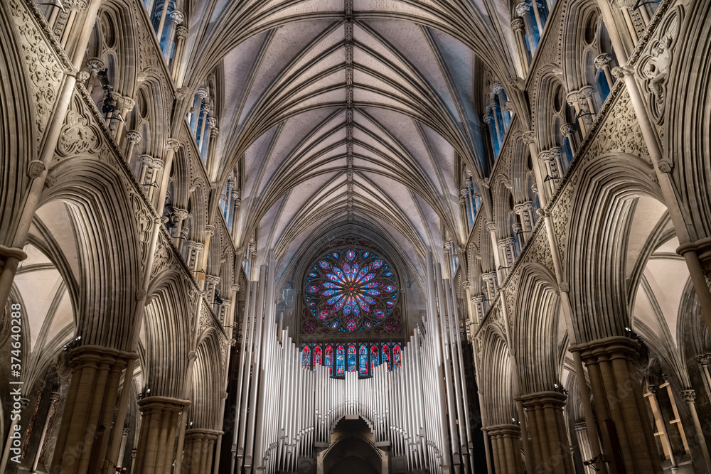 The interior of the Nidaros Cathedral, Trondheim, Trondelag, Norway. Built 1070-1300 AD in romanesque and gothic styles over the burial site of St. Olav. Consecration site for Norwegian kings