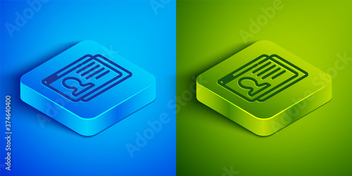 Isometric line Resume icon isolated on blue and green background. CV application. Searching professional staff. Analyzing personnel resume. Square button. Vector.