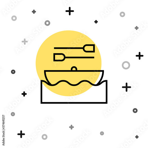 Black line Boat with oars icon isolated on white background. Water sports, extreme sports, holiday, vacation, team building. Random dynamic shapes. Vector.