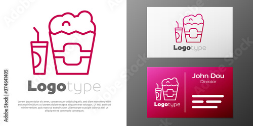 Logotype line Popcorn in cardboard box and paper glass with drinking straw and water icon isolated on white background. Soda drink glass. Logo design template element. Vector.