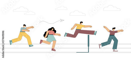 Running with obstacles. Business concept. People run to the distillation, jump over hurdles. Flat style. Vector illustration on white background.