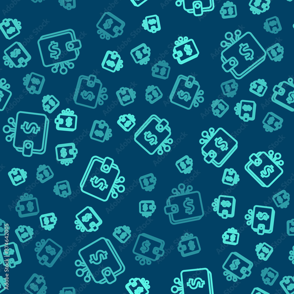 Green line Cryptocurrency wallet icon isolated seamless pattern on blue background. Wallet and bitcoin sign. Mining concept. Money, payment, cash, pay icon. Vector. Green line Cryptocurrency wallet icon isolated seamless pattern on blue background. Wallet and bitcoin sign. Mining concept. Money, payment, cash, pay icon. Vector.