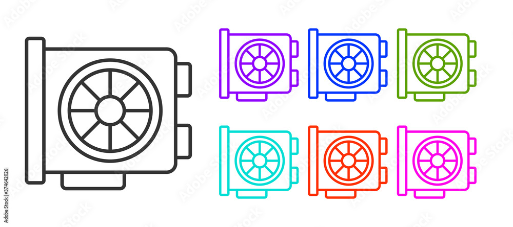 Black line Video graphic card icon isolated on white background. Set icons colorful. Vector. Black line Video graphic card icon isolated on white background. Set icons colorful. Vector.