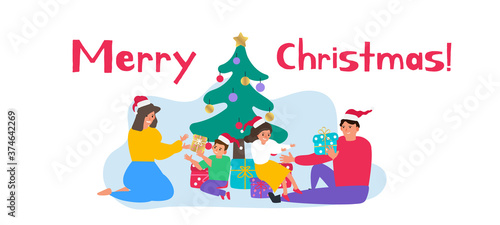 merry christmas happy family sitting near the spruce tree with gift boxes vector illustration