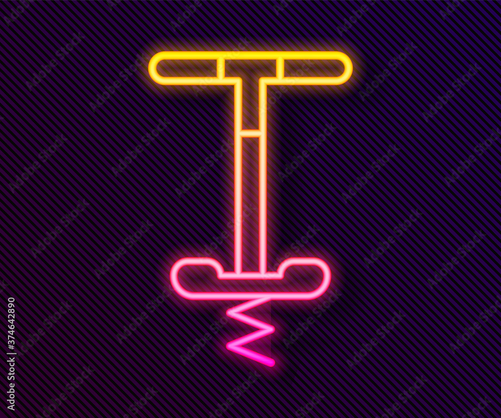 Glowing neon line Pogo stick jumping toy icon isolated on black background. Vector. Glowing neon line Pogo stick jumping toy icon isolated on black background. Vector.