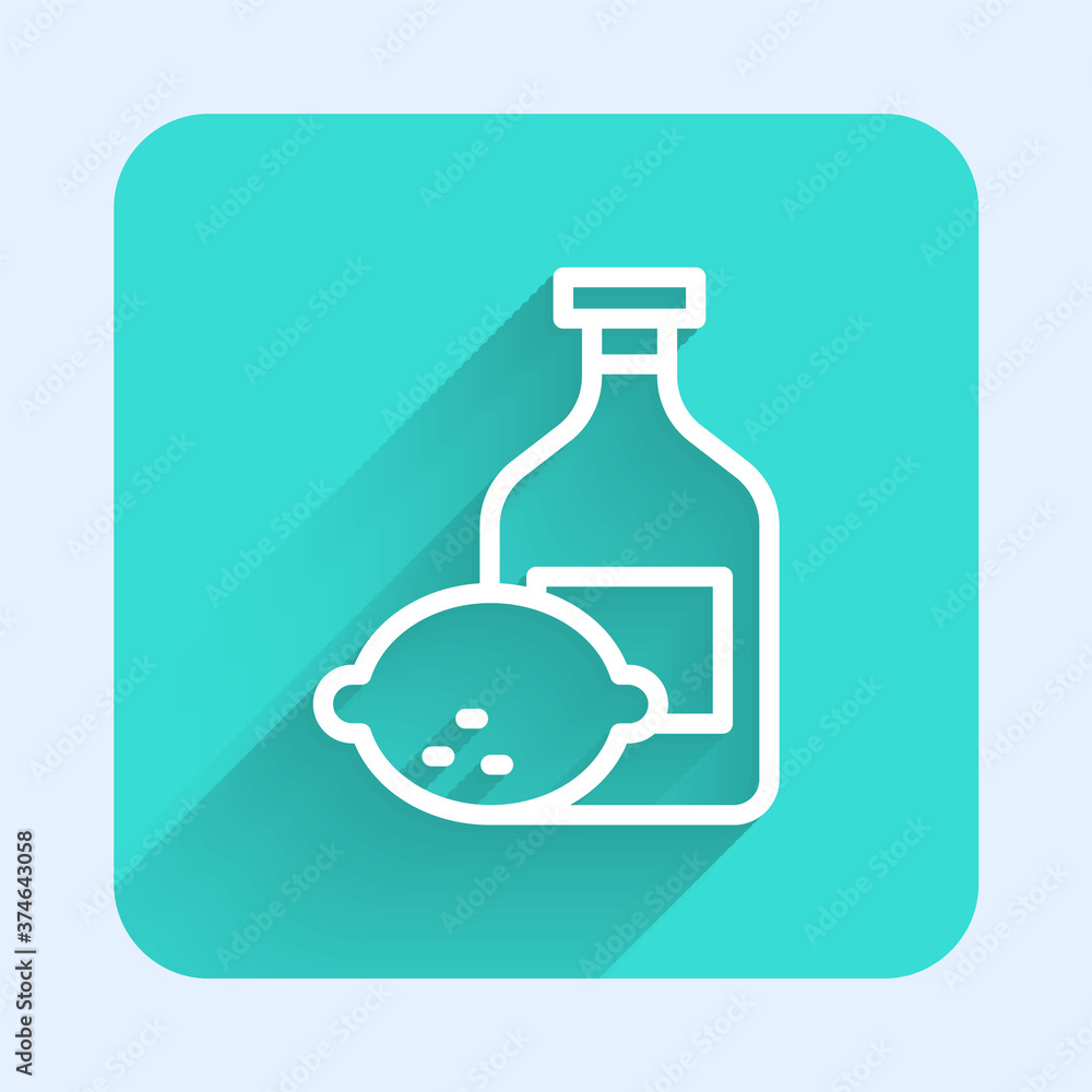 White line Limoncello bottle icon isolated with long shadow. Bottle of fresh homemade lemonade. Green square button. Vector. White line Limoncello bottle icon isolated with long shadow. Bottle of fresh homemade lemonade. Green square button. Vector.