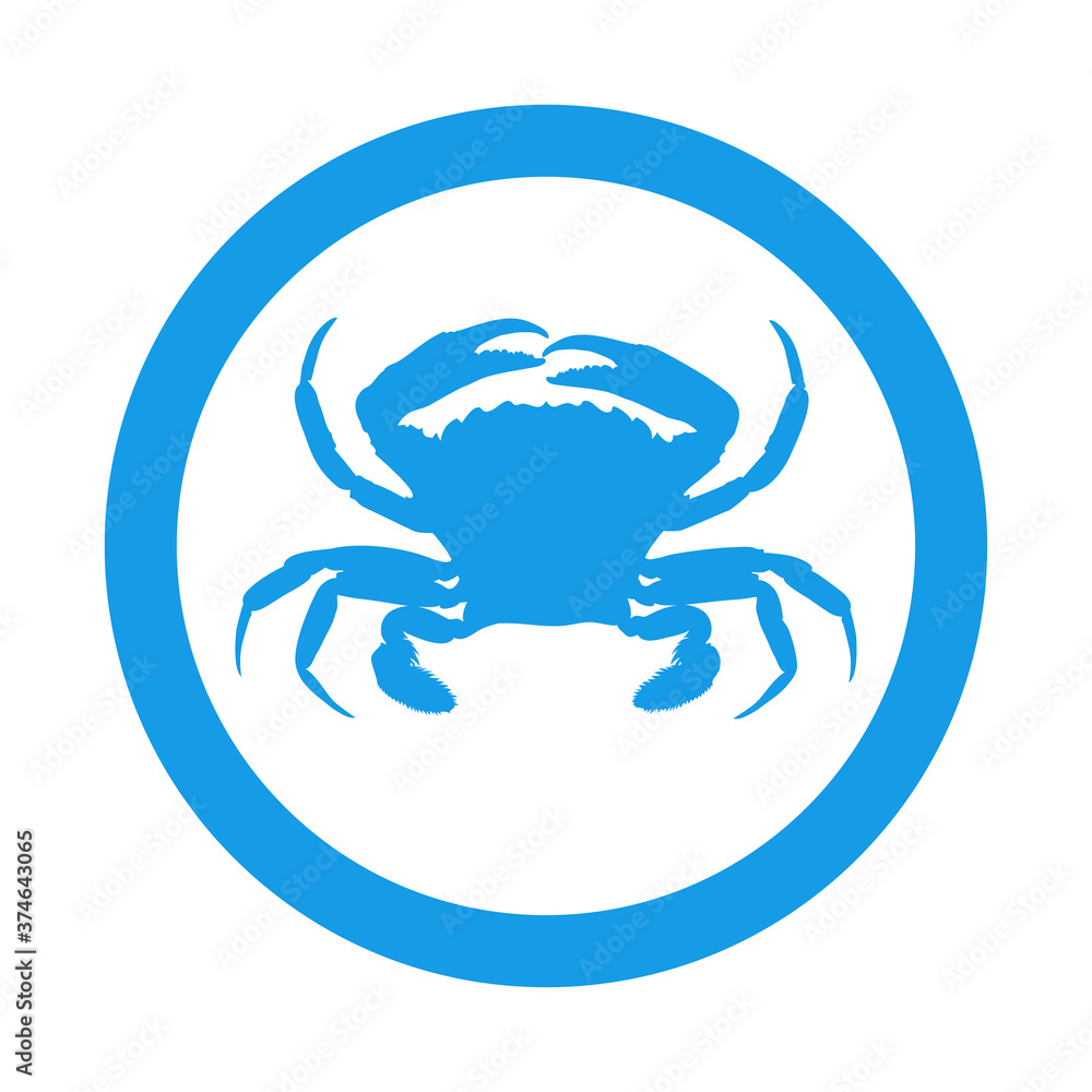 Concepto vida marina. Marisco. Icono silueta cangrejo en círculo color azul Concepto vida marina. Marisco. Icono silueta cangrejo en círculo color azul