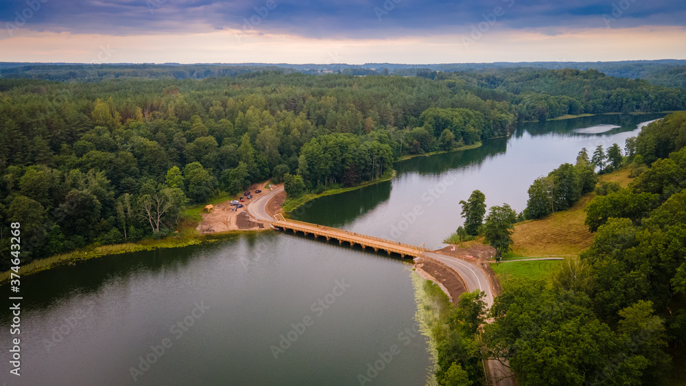 Aerial view of wooden bridge in Dubingiai by drone