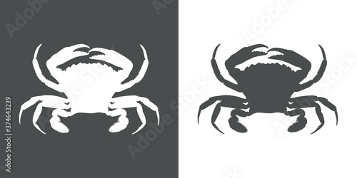 Concepto vida marina. Marisco. Icono silueta cangrejo en fondo gris y fondo blanco