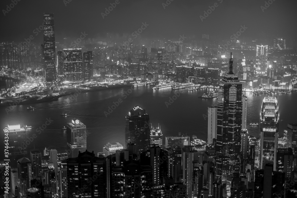 hong kong skyline at night black and white