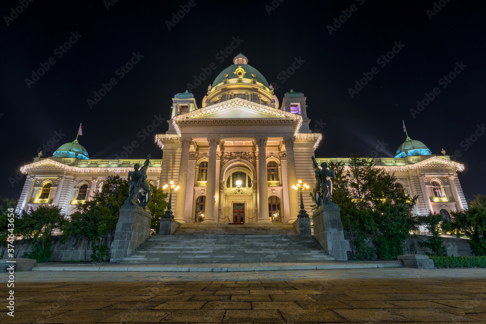 Night view of the National Assembly of the Republic of Serbia in Belgrade
