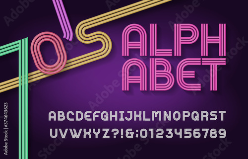 70s Retro stripe alphabet font. Funky type 3d letters, numbers and symbols. Typography for headlines, posters etc. in 70s style.