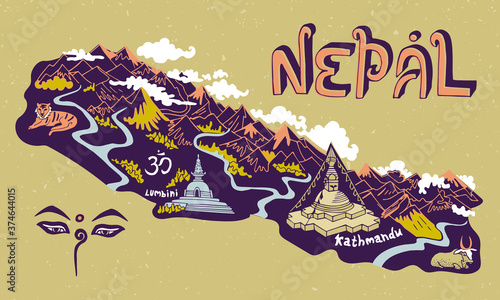 Illustrated map of Nepal. Travel and attractions of Asia. Cultural features of the country