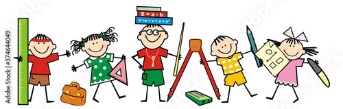 Teacher and school children, geometric, smiling vector illustration