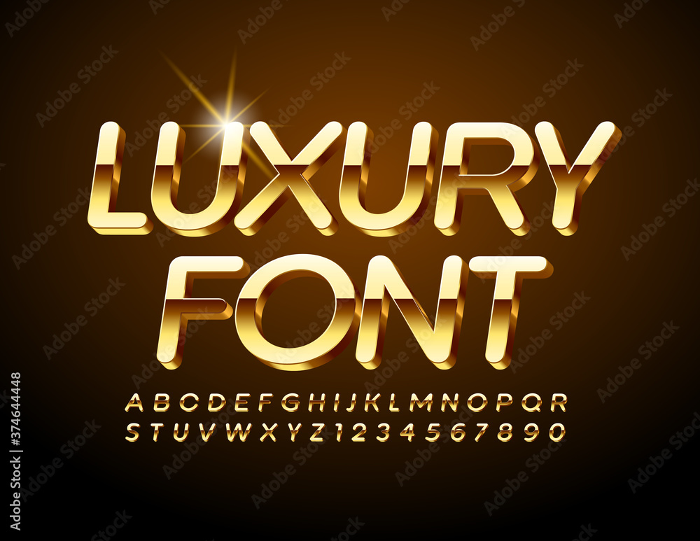 Vector Luxury Font. Glossy 3D elite Golden Alphabet. Premium style Letters and Numbers set
Vector Luxury Font. Glossy 3D elite Golden Alphabet. Premium style Letters and Numbers set