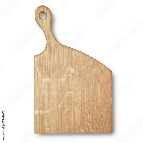 Oak wood cutting board top view isolated on white background. Organic serving plate