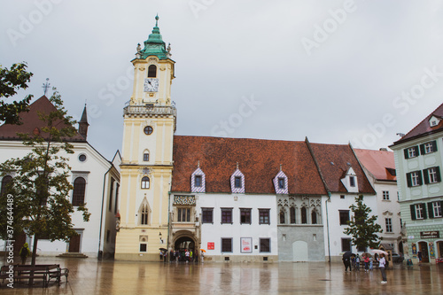 BRATISLAVA, SLOVAKIA - Main Square (Hlavne namestie) and view of old Town Hall in Bratislava city. The square is located in the Old Town and it is the center of city