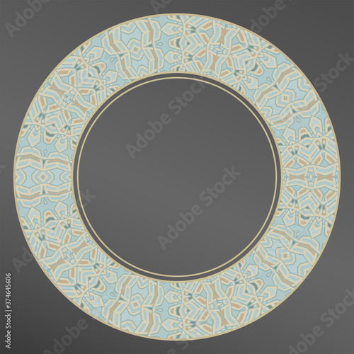 Creative color decorative plate, frame. Vector blue gold ornament for porcelain plate. Home decor, interior design.