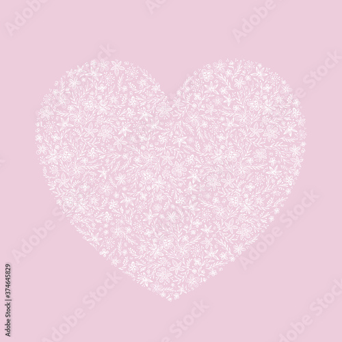 Isolated doodle lacy heart from many hand drawn white contours of abstract flowers and leaves on a soft pink background. Beautiful romance vector element for for design, greeting card, banner.
