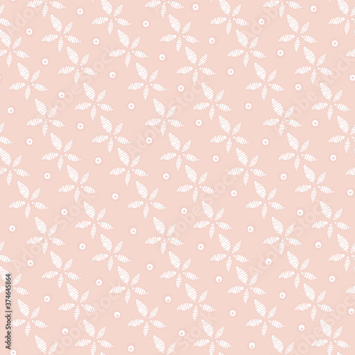 Striped floral vector seamless pattern. Diagonal hand drawn abstract striped white flowers and dots on peach background. Soft Template for design, textile, wallpaper, clothing, ceramics.