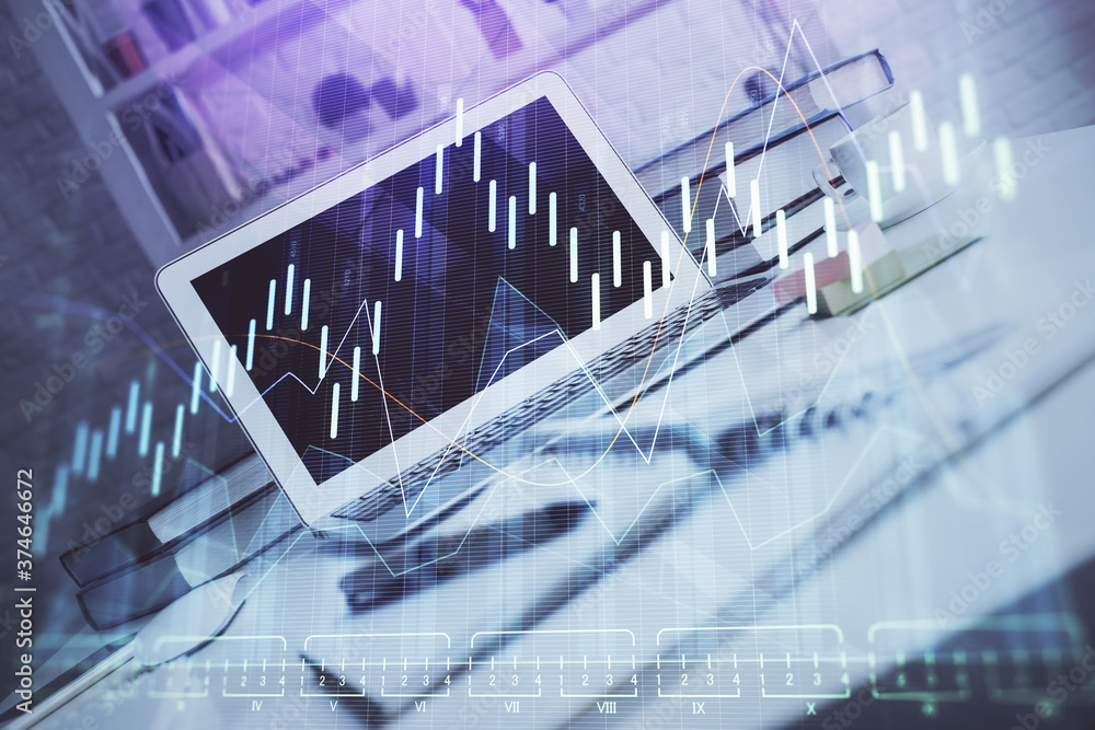 Fototapeta premium Financial chart drawing and table with computer on background. Multi exposure. Concept of international markets.