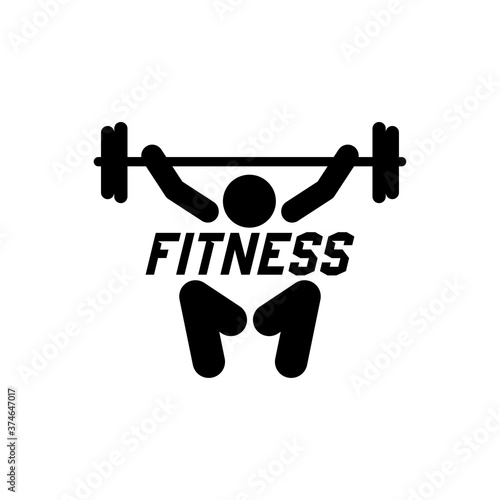 Concepto gimnasio. Logotipo texto Fitness en silueta hombre levantando pesas en color negro