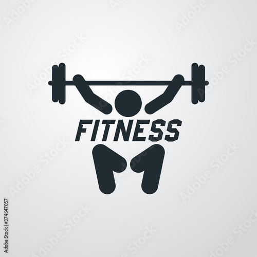 Concepto gimnasio. Logotipo texto Fitness en silueta hombre levantando pesas en fondo gris