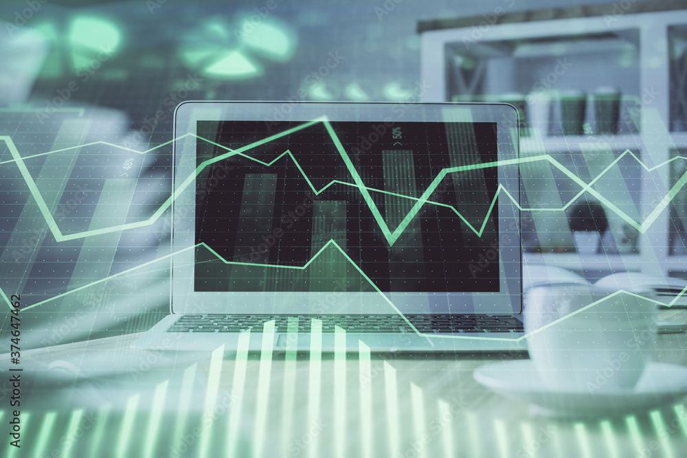 Stock market graph on background with desk and personal computer. Multi exposure. Concept of financial analysis. Stock market graph on background with desk and personal computer. Multi exposure. Concept of financial analysis.