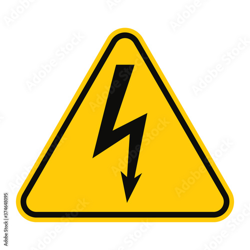 High voltage sign. Illustration of danger symbol isolated on white background. Yellow triangle warning sign with black lightning bolt arrow mark inside. Attention. Caution icon vector design template.