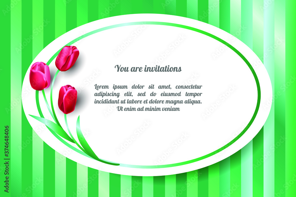Invitation card with a bouquet of flowers tulips, decorative design, vector illustration Invitation card with a bouquet of flowers tulips, decorative design, vector illustration