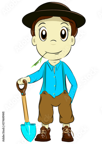 Farmer in a dark hat with a spade in his hand hand-drawn vector illustration of a working man
